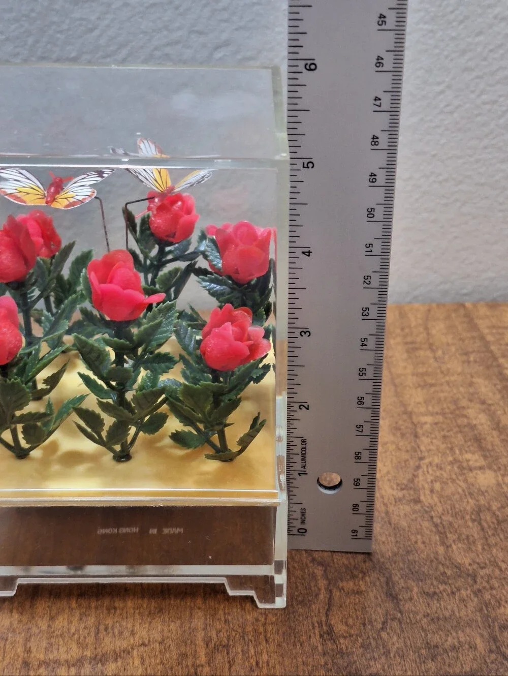 Vintage 1970s Aryclic Lucite 5 Inch Butterfly Pink Roses Music Box Works Retro